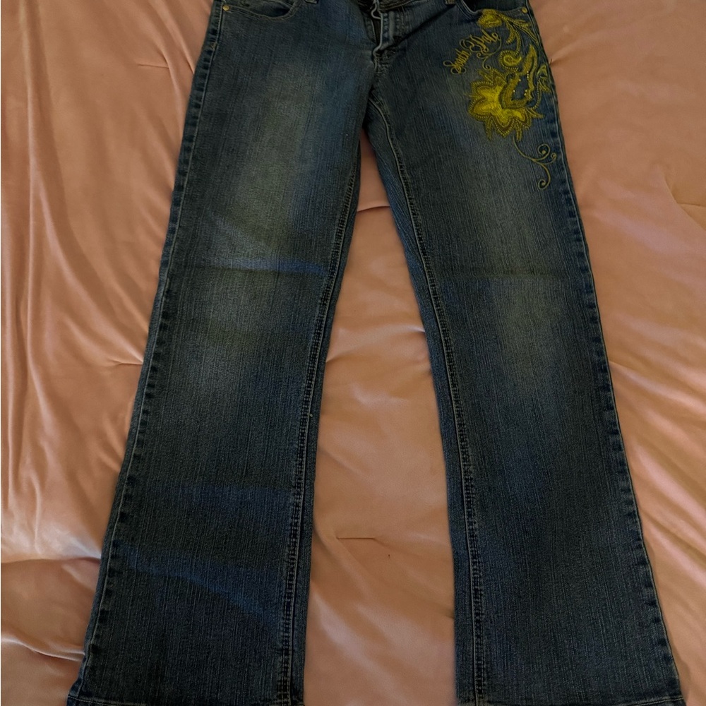 South Pole Blue and Yellow Flare Jeans with Embroidery